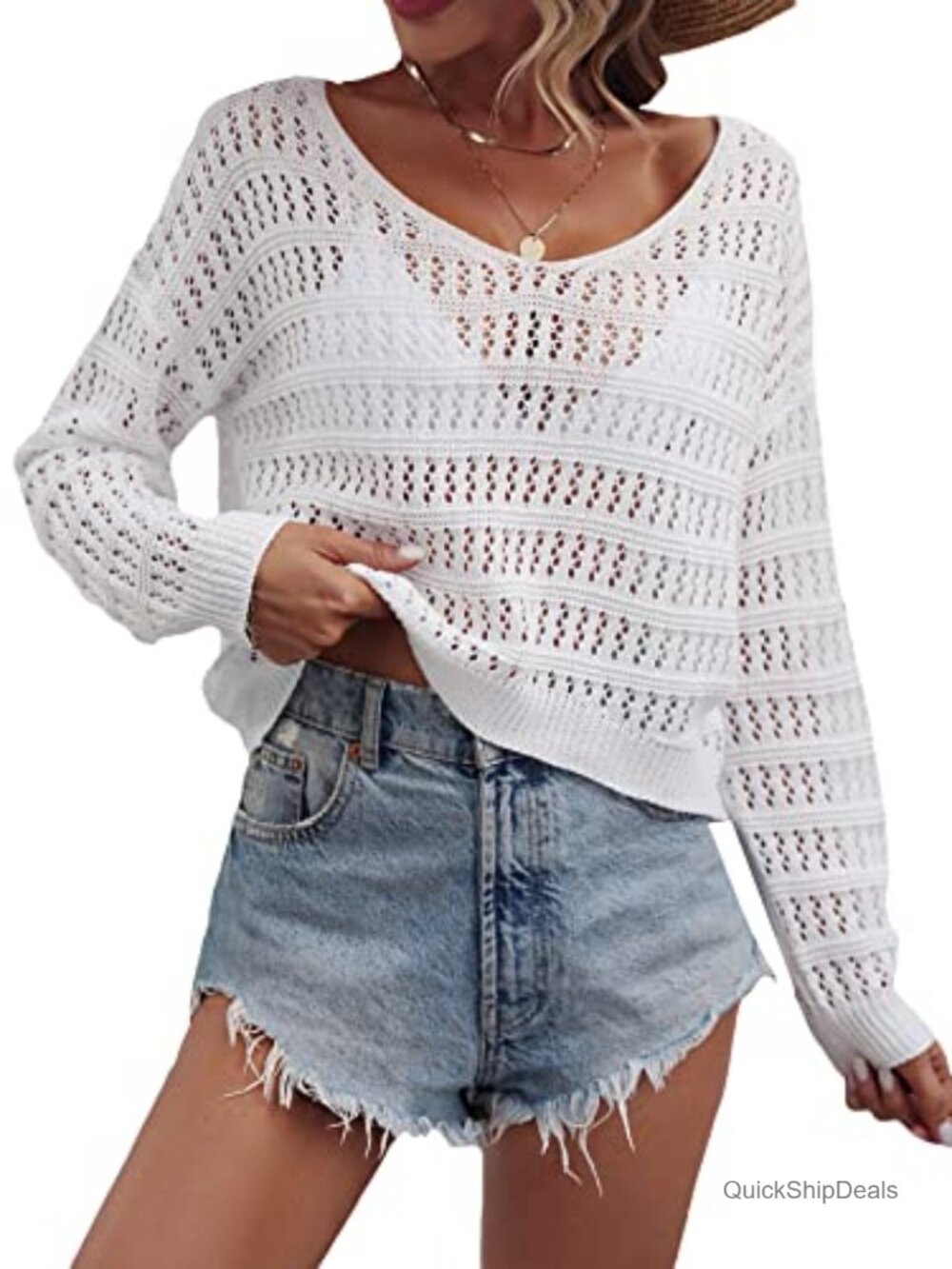 SHENHE Crochet Hollow Out Drop Shoulder Long Sleeve Sweater Top